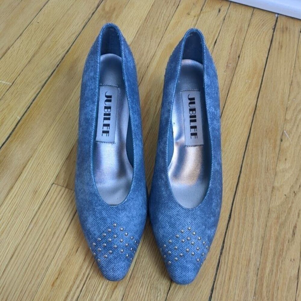 New in Box Vintage 90s Jubilee Pumps Denim Look Silver Studding Size 6